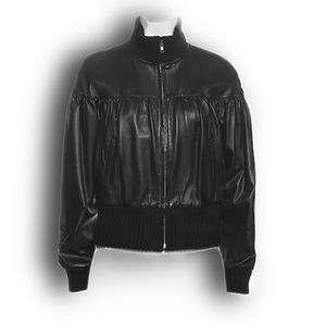 Catherine Malandrino Black Leather & Silk Bomber Jacket, Small